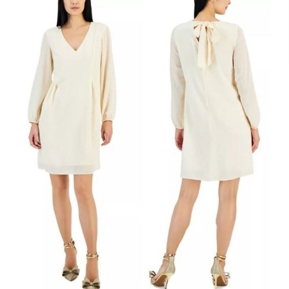 International concepts white cream embellished bow back vneck dress chiffon - Picture 1 of 4